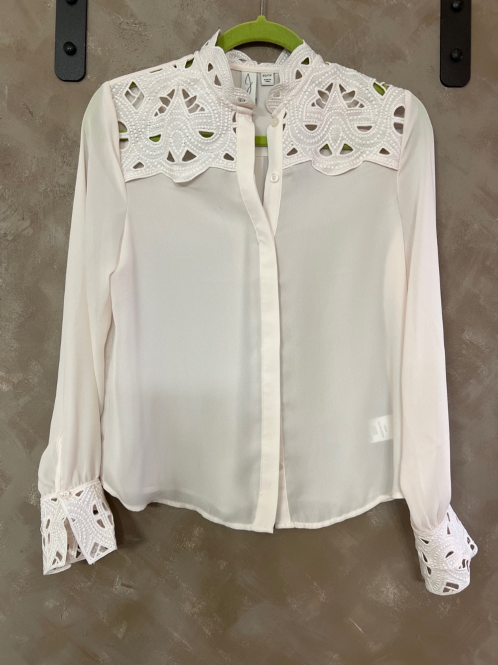 Joie Cream Button-Down Blouse with Lace Yoke and Cuffs